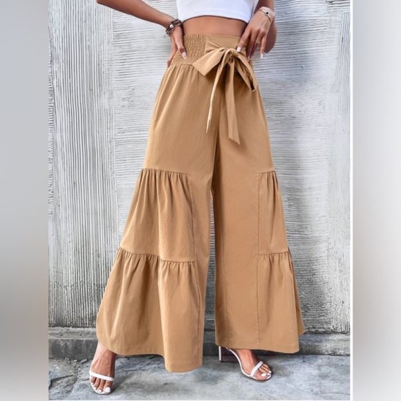 Boho Tie Front Shirred Waist Ruffle Hem Wide Leg Pants - Picture 4 of 6